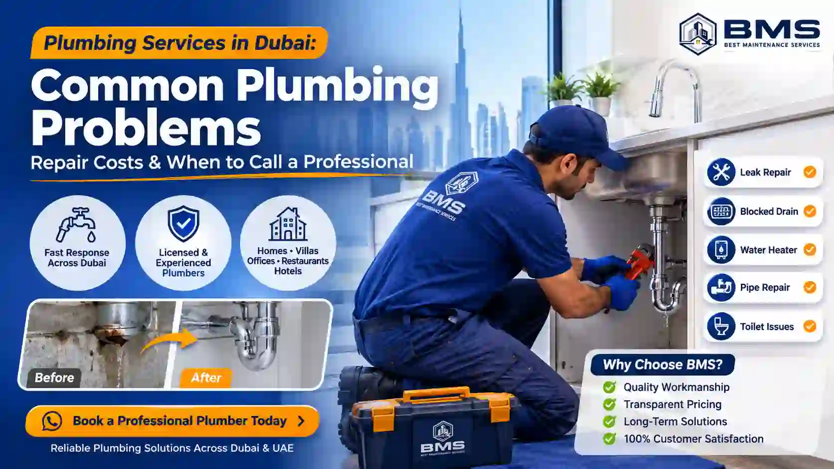Professional plumber repairing a kitchen sink in Dubai with common plumbing problems, repair solutions, and Best Maintenance Services branding.
