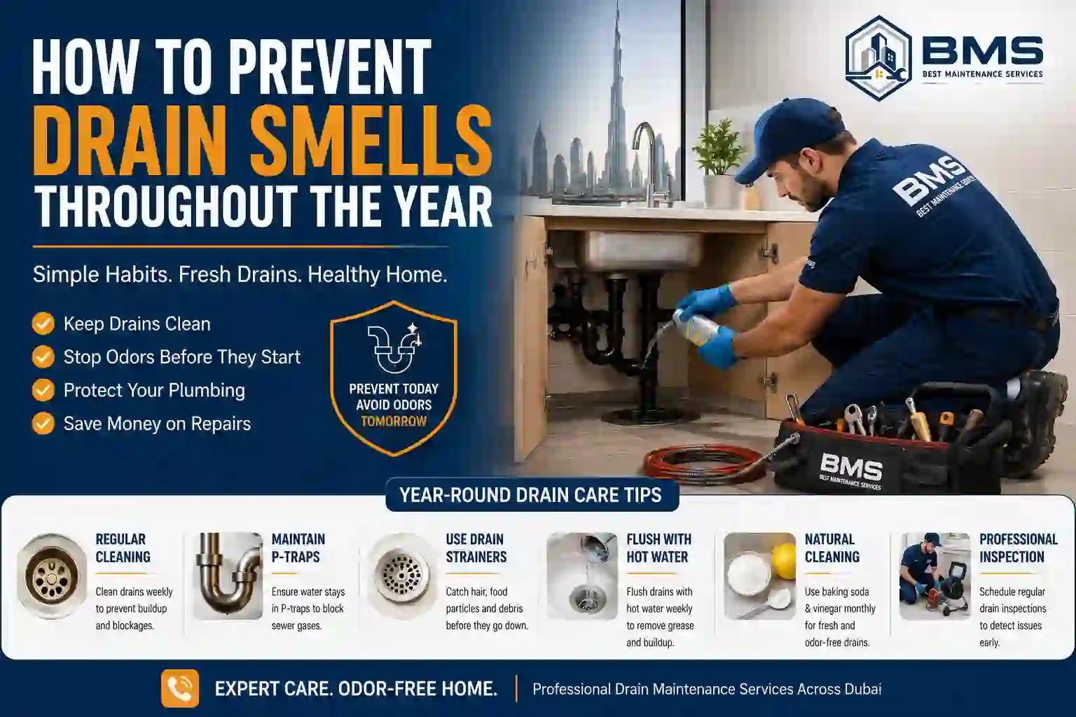 Professional technician performing preventive drain maintenance under a kitchen sink with year-round drain smell prevention tips for homes in Dubai