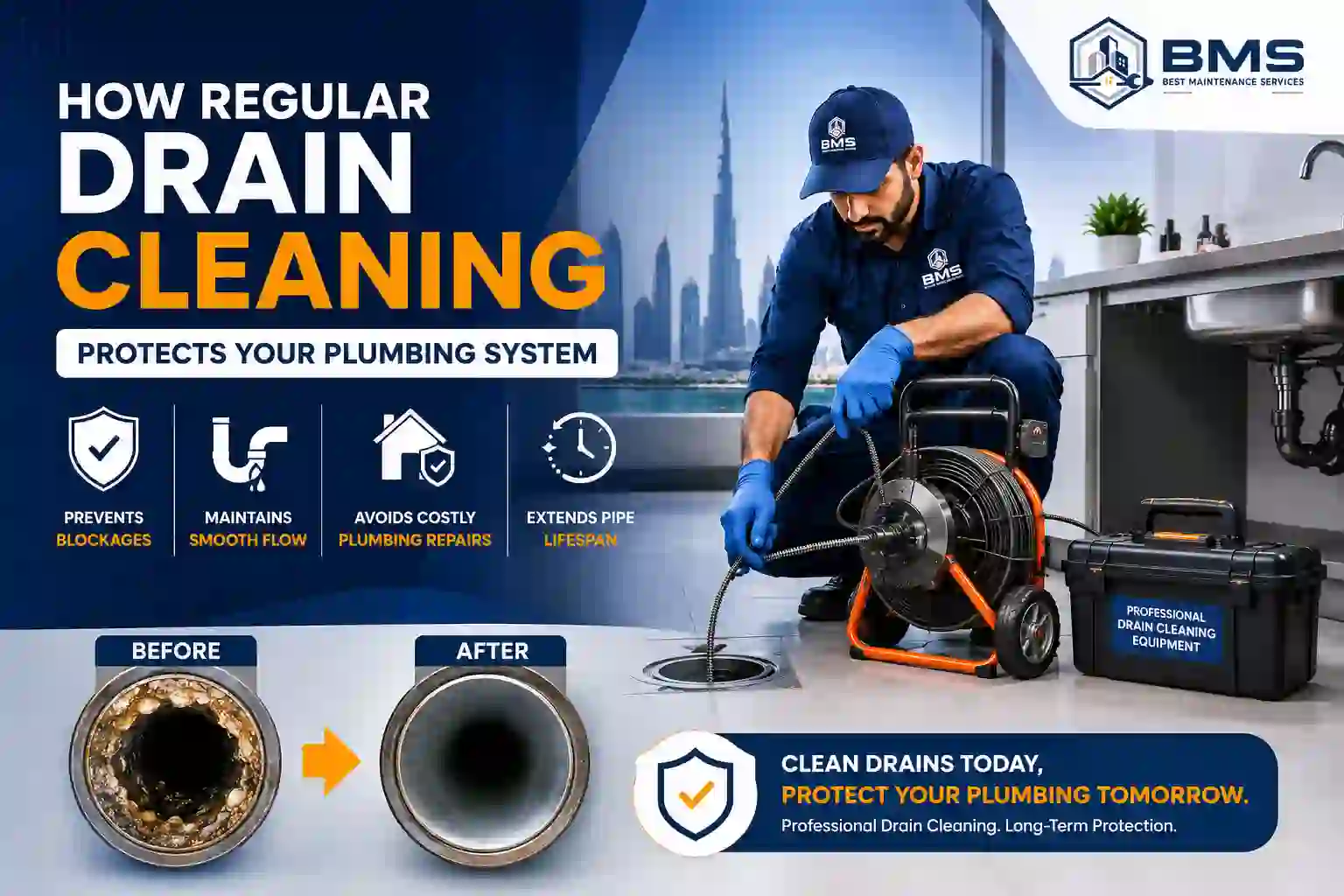 Professional technician performing drain cleaning with advanced equipment to prevent blockages and protect plumbing systems in Dubai