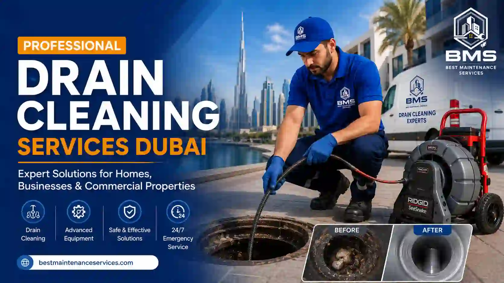 Professional drain cleaning technician providing drain cleaning services in Dubai for homes, businesses, and commercial properties using advanced equipment.