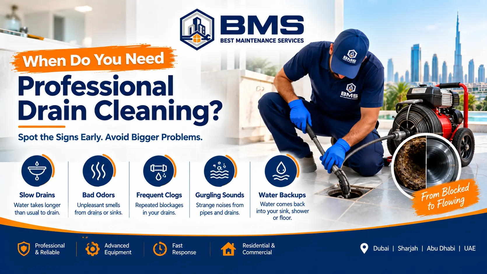 Professional drain cleaning services in Dubai for slow drains, bad odors, clogs, and water backups