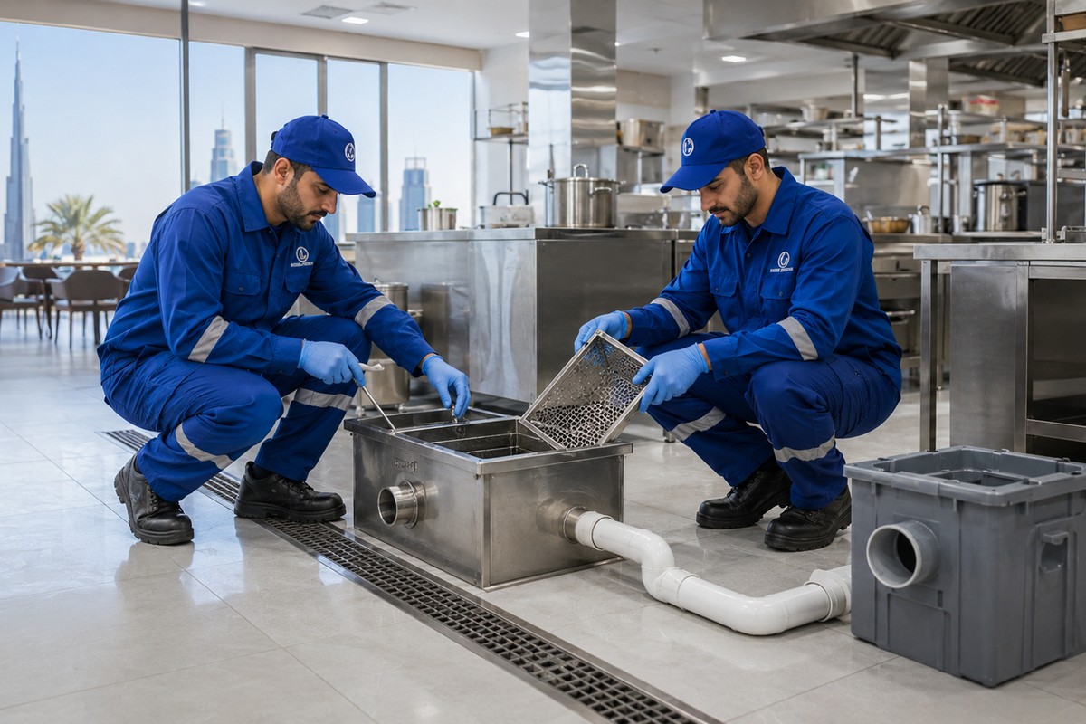 Professional grease trap cleaning process by BMS technician in Dubai