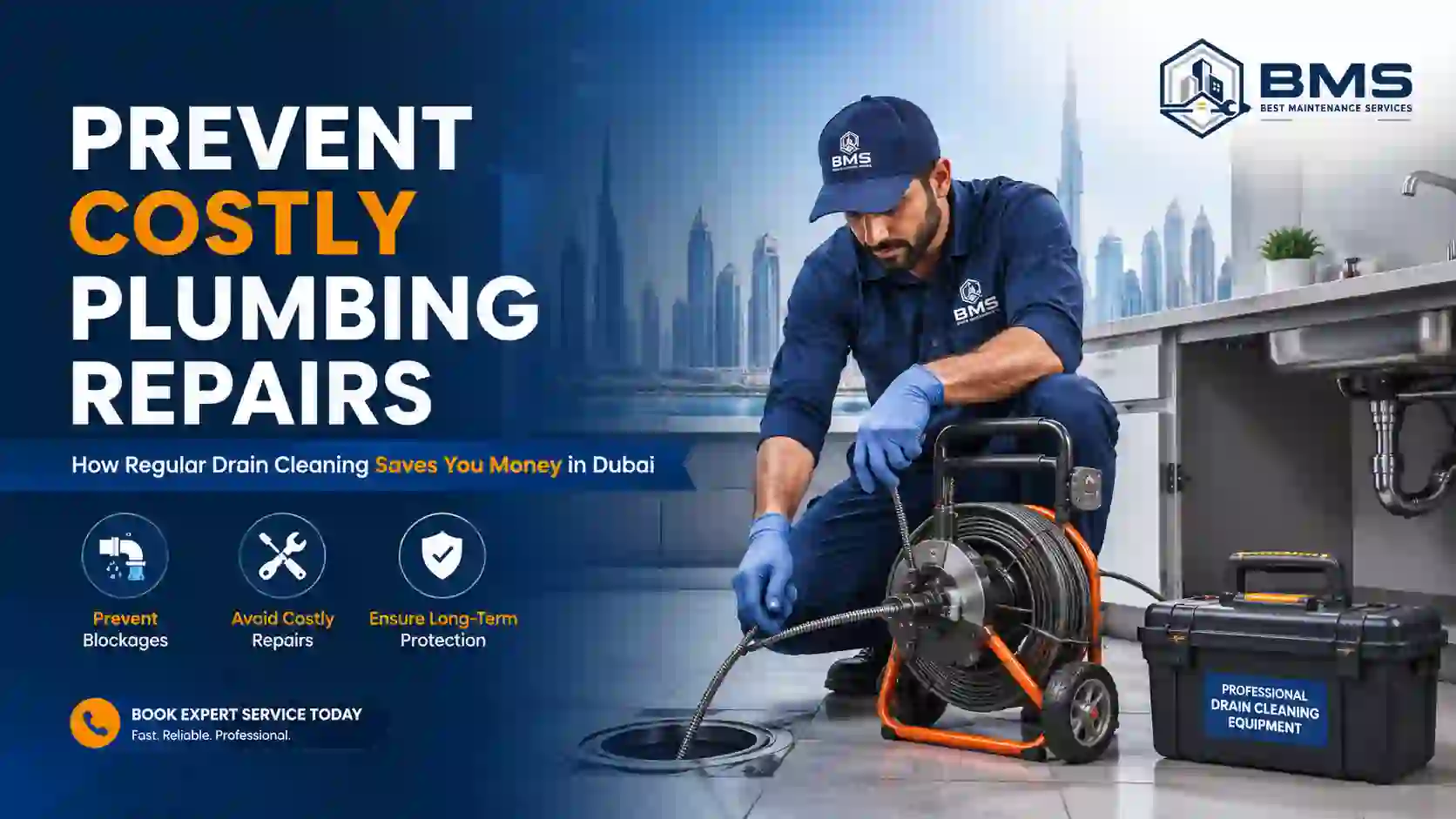Regular Drain Cleaning in Dubai Prevents Costly Plumbing Repairs Professional drain cleaning technician using advanced drain cleaning equipment to prevent costly plumbing repairs in Dubai for residential and commercial properties.
