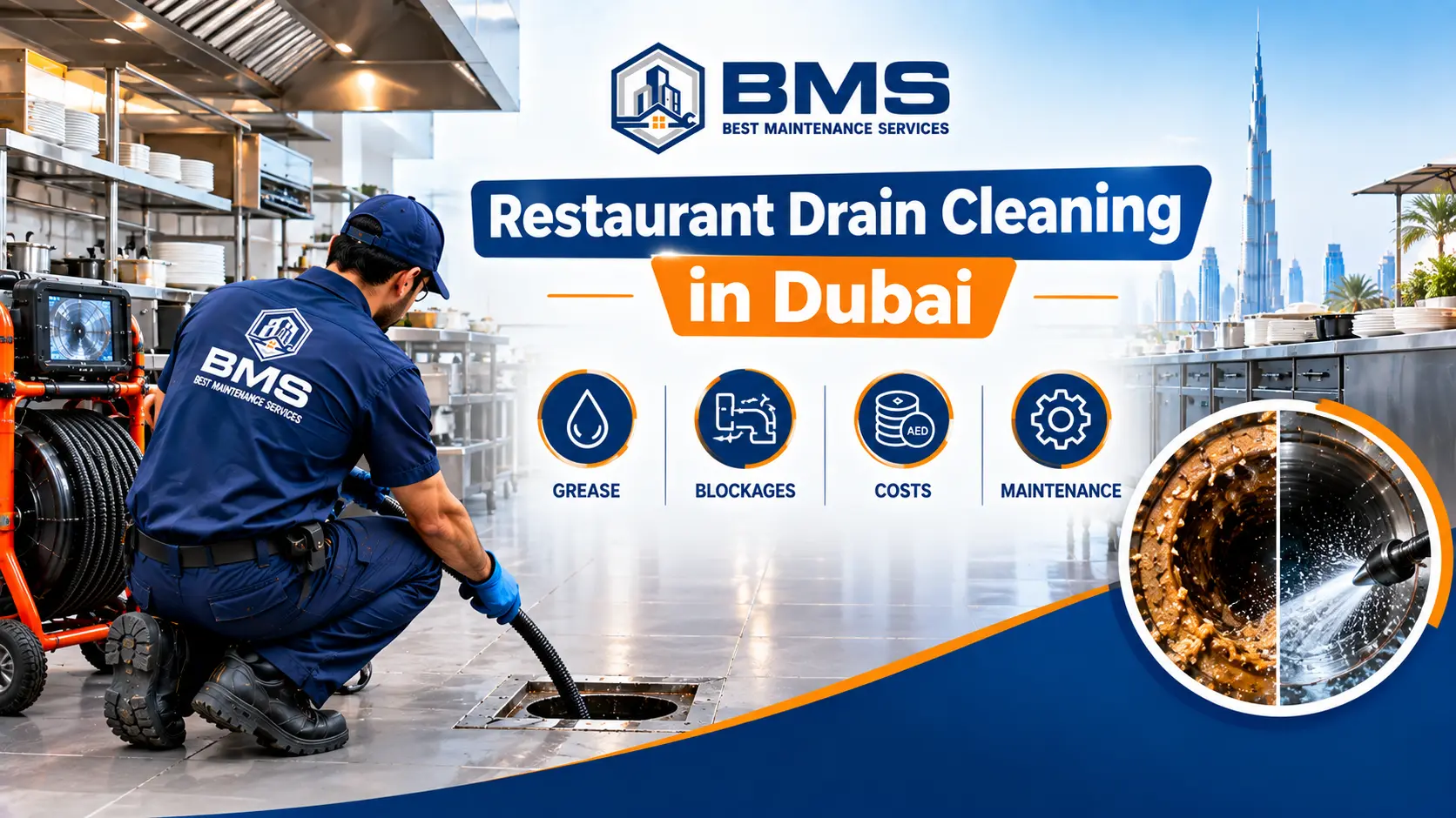 Restaurant Drain Cleaning in Dubai: Grease, Blockages, Costs & Maintenance Professional restaurant drain cleaning in Dubai showing a BMS technician removing grease and blockages from a commercial kitchen drain.