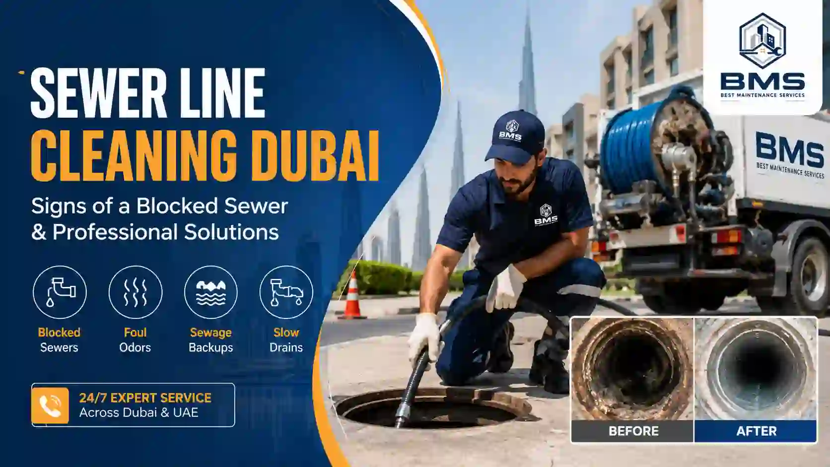 Sewer Line Cleaning Dubai | Signs of a Blocked Sewer & Professional Solutions | Best Maintenance Services Professional sewer line cleaning in Dubai by Best Maintenance Services, showing a technician clearing a blocked sewer with advanced equipment and before-and-after pipe cleaning results.