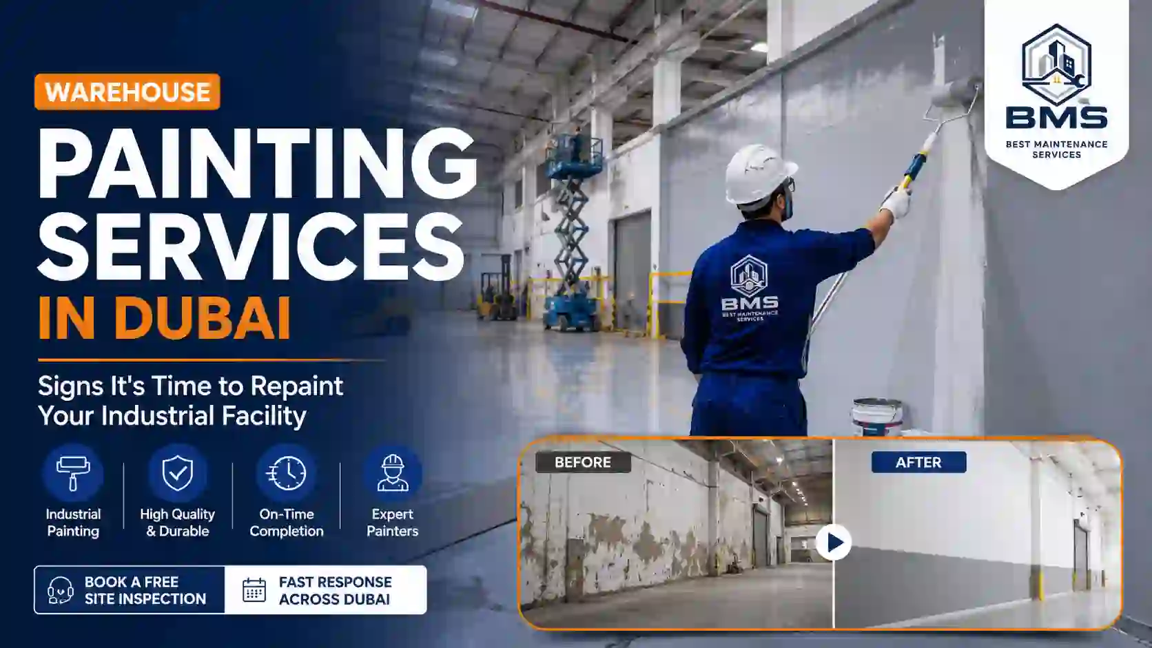 Professional warehouse painting services in Dubai with a skilled technician repainting an industrial facility to improve durability, safety, and appearance.