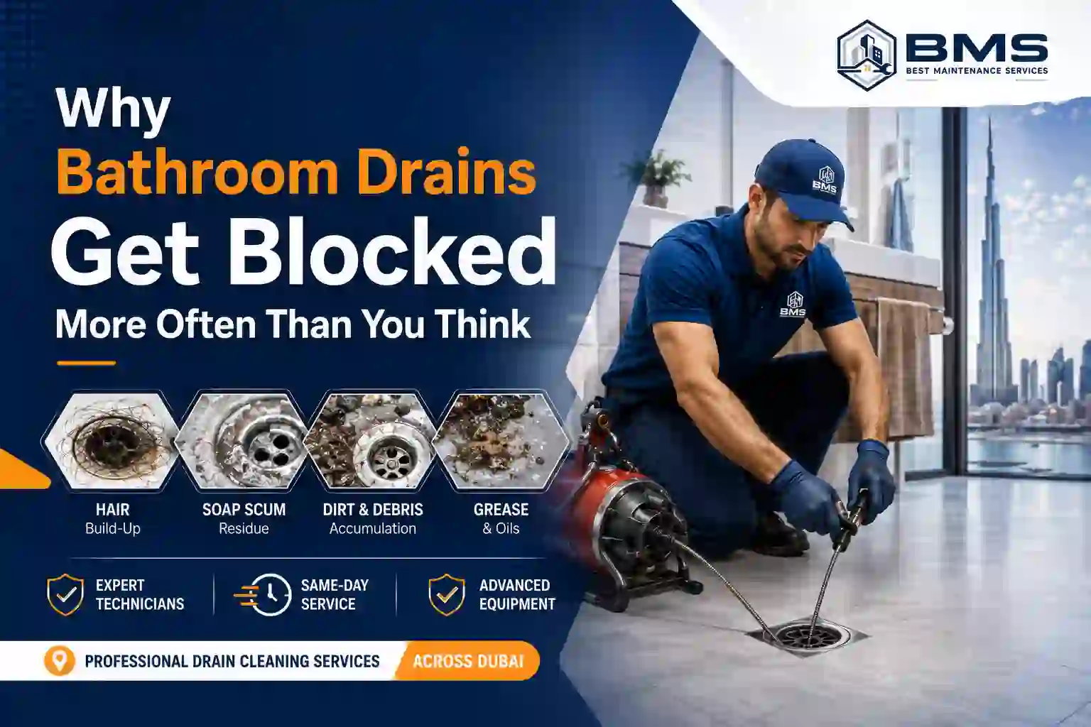 Professional drain cleaning technician inspecting a bathroom floor drain while illustrating common blockage causes such as hair, soap residue, grease, and debris in Dubai.