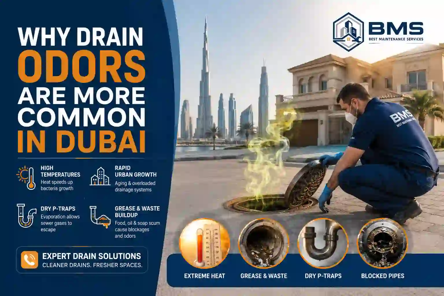 Professional technician inspecting a smelly drain in Dubai with illustrations showing extreme heat, grease buildup, dry P-traps, and blocked pipes causing drain odors