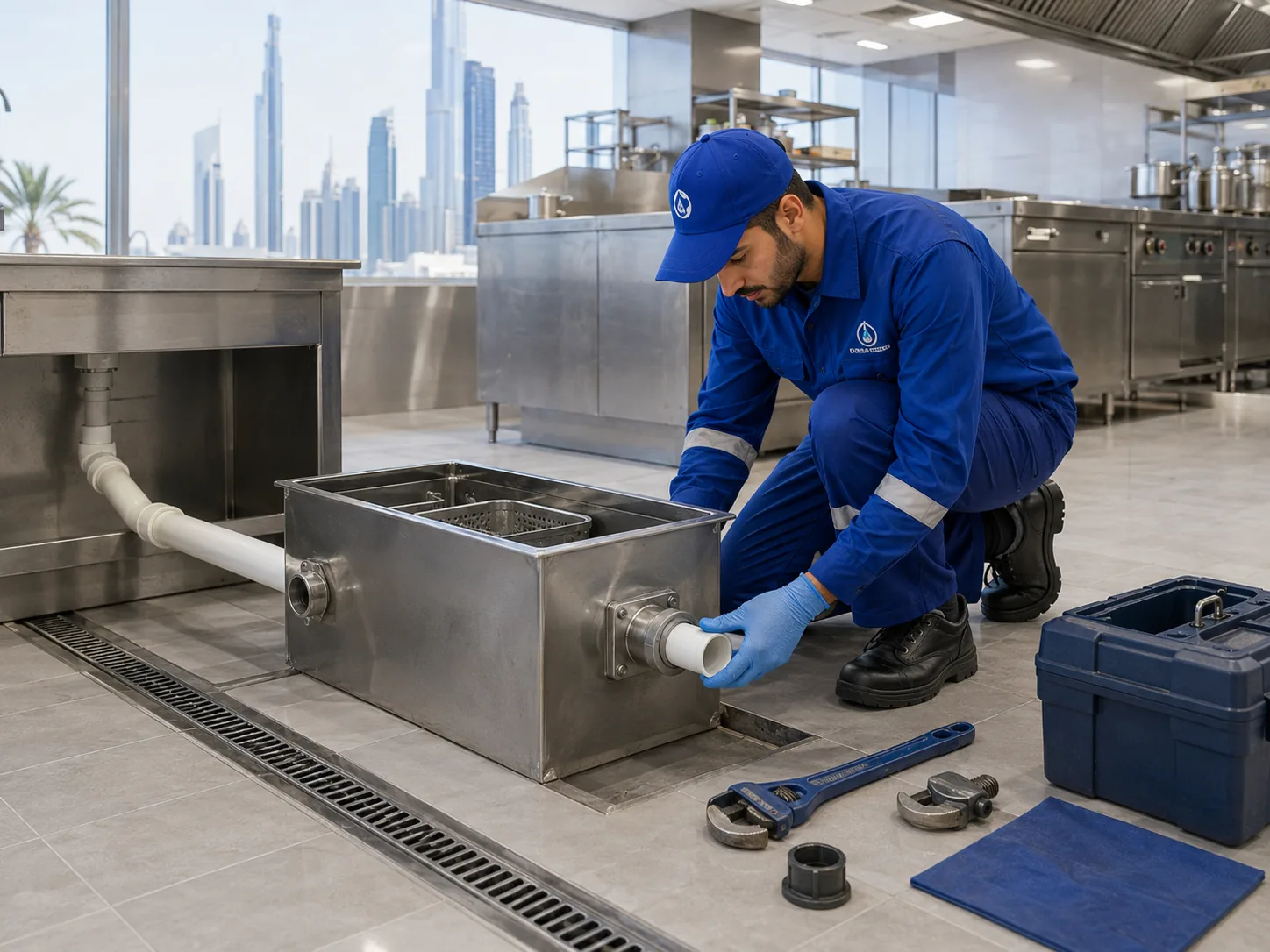 BMS technician installing stainless steel grease trap in commercial kitchen
