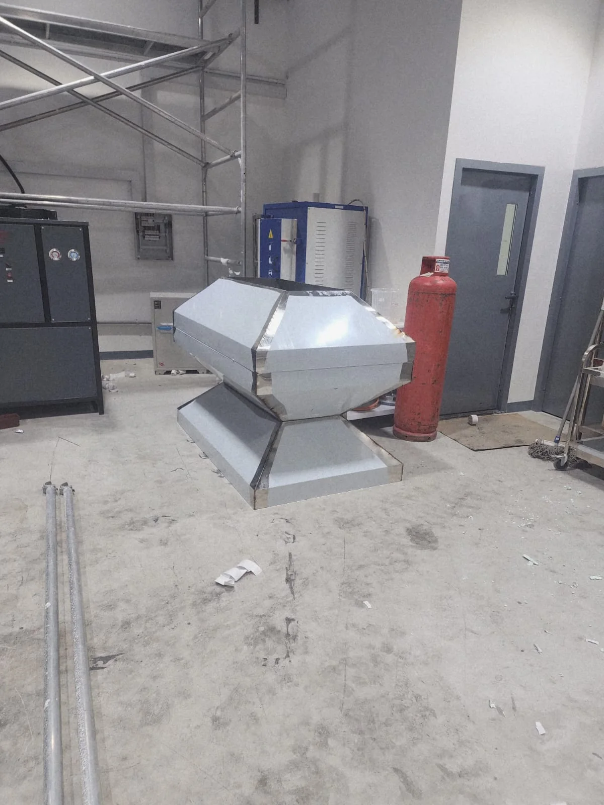 Stainless duct and exhaust components during workshop fabrication Stainless duct and exhaust components during workshop fabrication