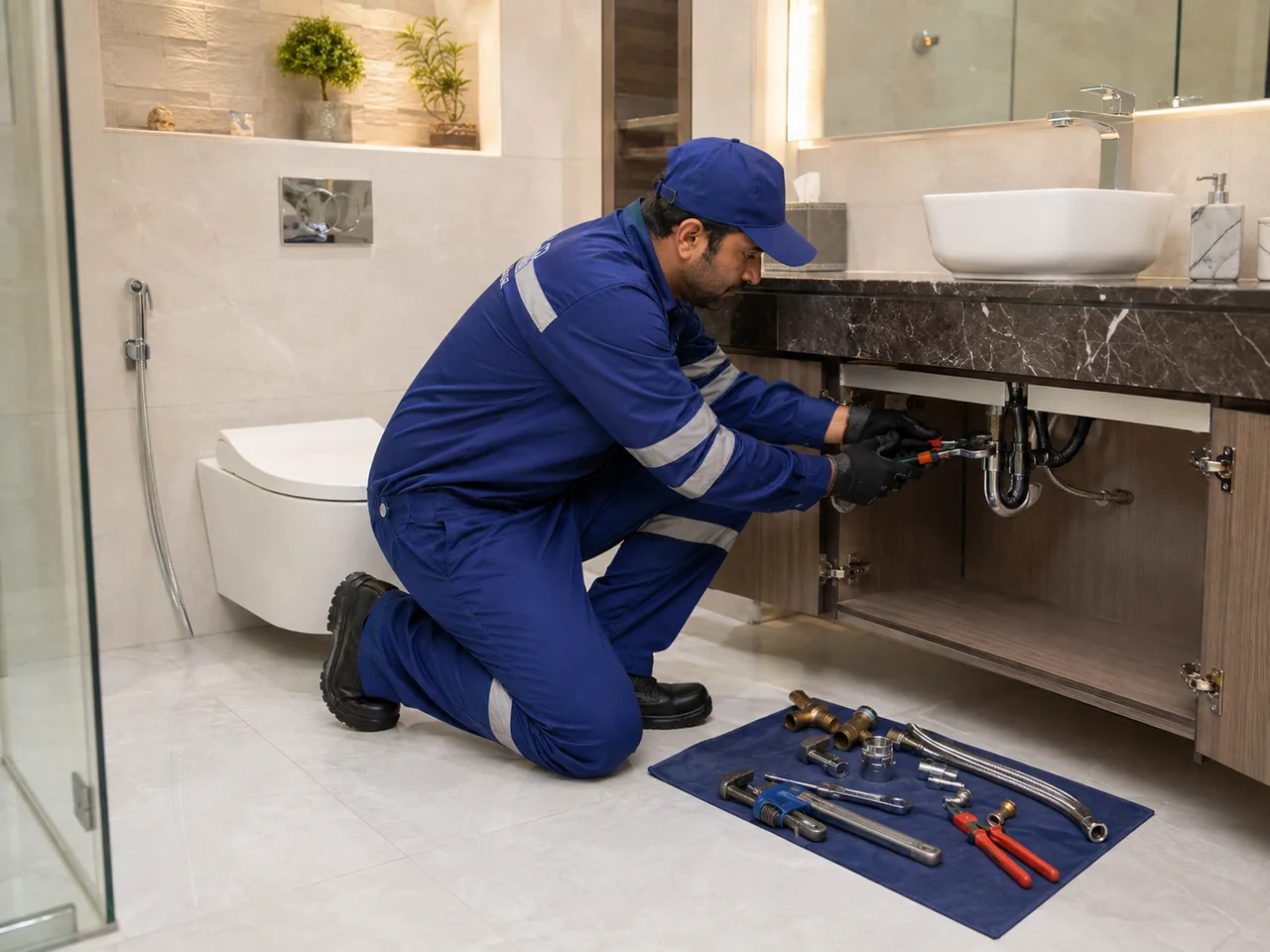 BMS plumber repairing bathroom plumbing under a vanity in a modern Dubai property