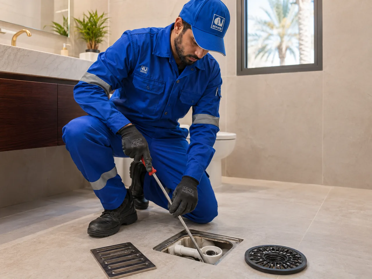 BMS plumber inspecting and clearing a bathroom floor drain in Dubai