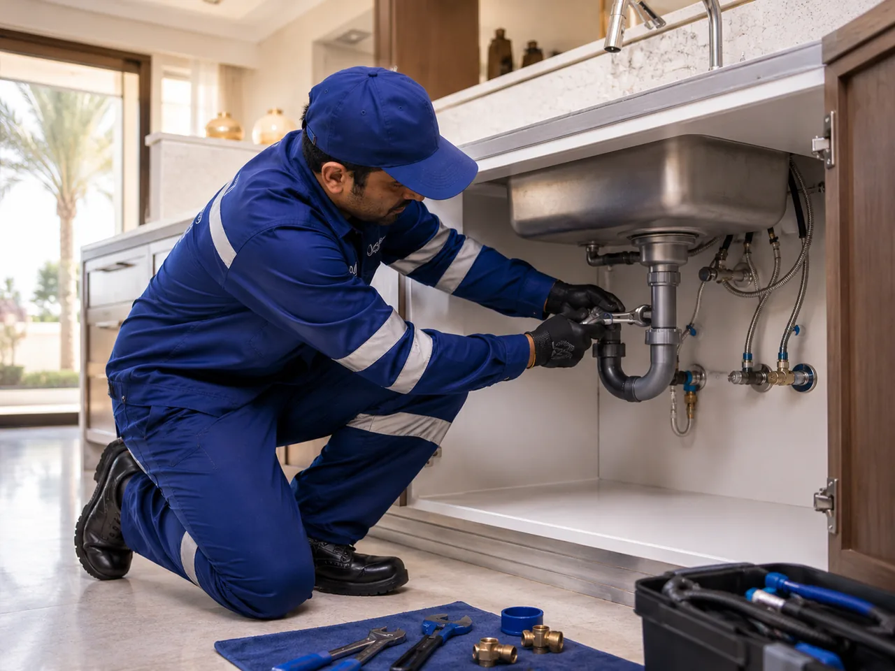 BMS technician repairing under-sink plumbing in a premium Dubai villa kitchen