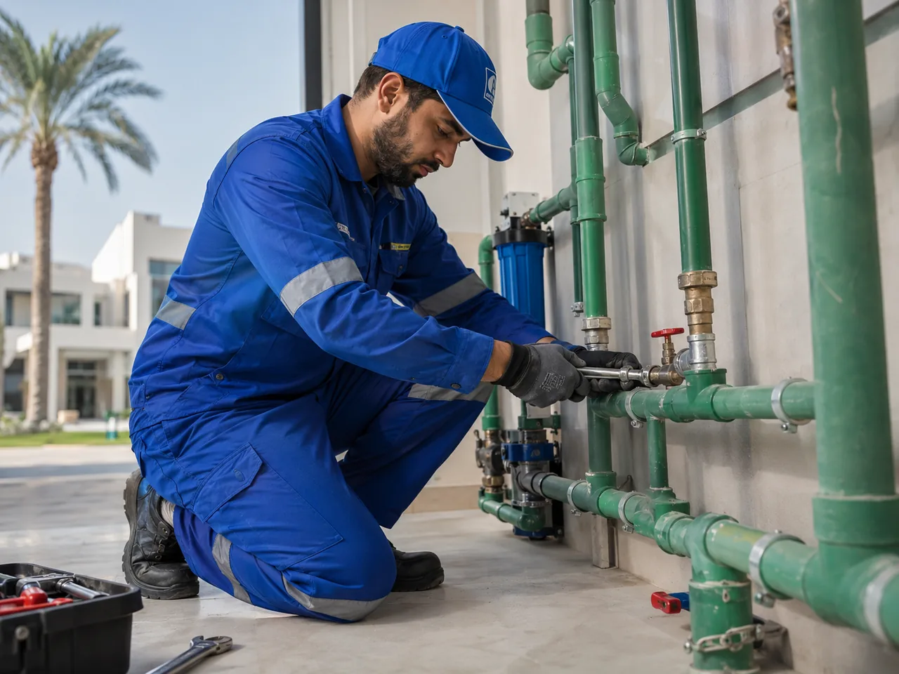 BMS technician repairing green PPR water pipe and fittings at a Dubai villa