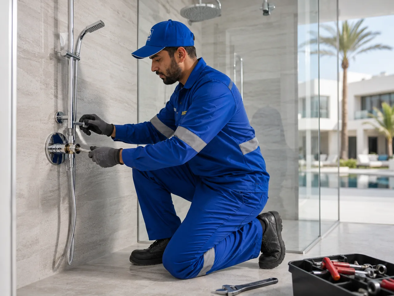 BMS plumber repairing a shower mixer and water-control fitting in a modern Dubai villa bathroom