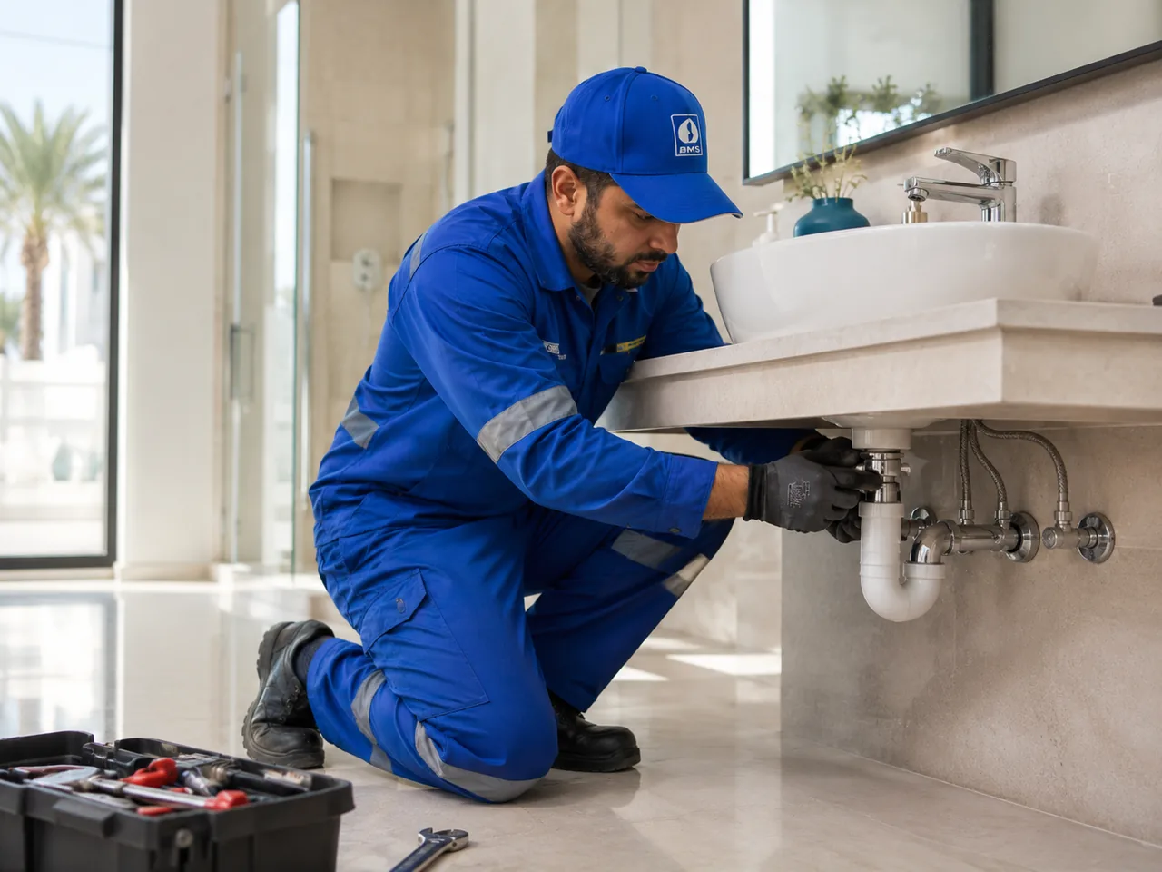 BMS plumber checking tap and basin plumbing connections in a Dubai bathroom
