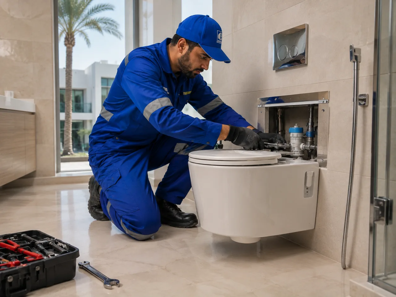 BMS plumber inspecting a concealed cistern and toilet flush system in a Dubai bathroom